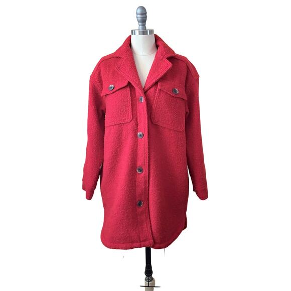 Old Navy Red Sherpa Shacket Coat Jacket Womens Small Teddy Fleece Oversized - Picture 1 of 6
